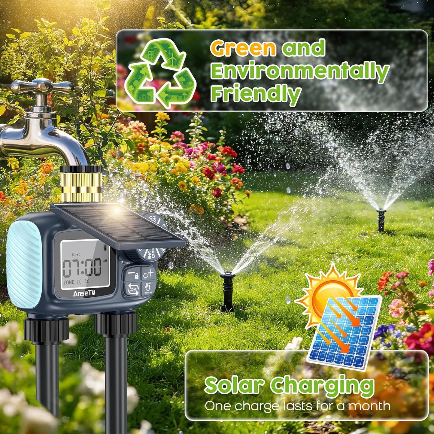 Skiennix Solar Sprinkler Timer - Programmable Brass Inlet Hose Timer for Efficient Garden Watering | 2 Outlet