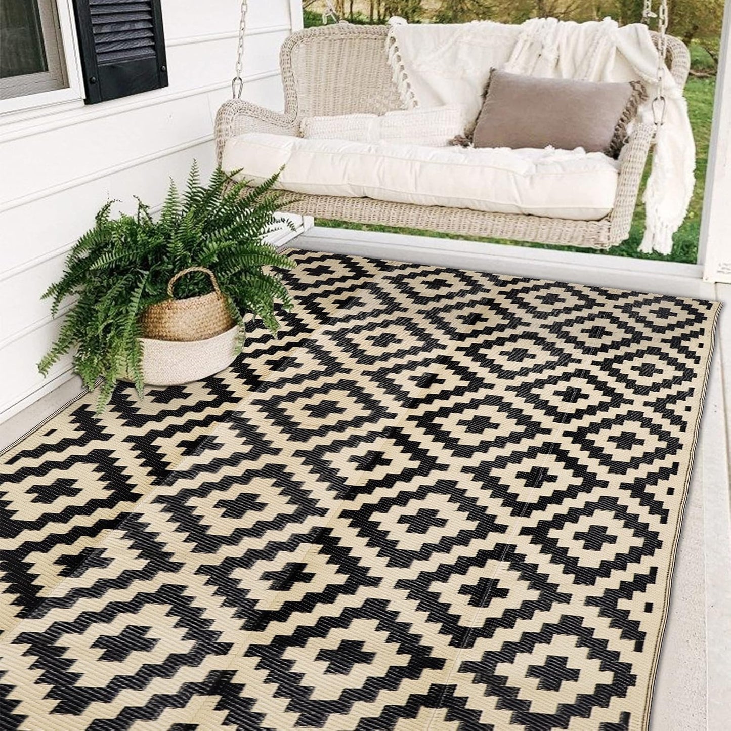 SAND MINE Waterproof Outdoor Rug - Reversible 5x8 ft Area Rug for Patio, Deck, Beach & Camping - Black & Beige