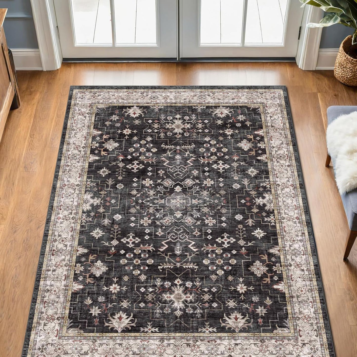 Skiennix Black Boho Washable Entry Rug - Non-Slip, Stain & Fade Resistant | 3x4 Indoor Door Mat