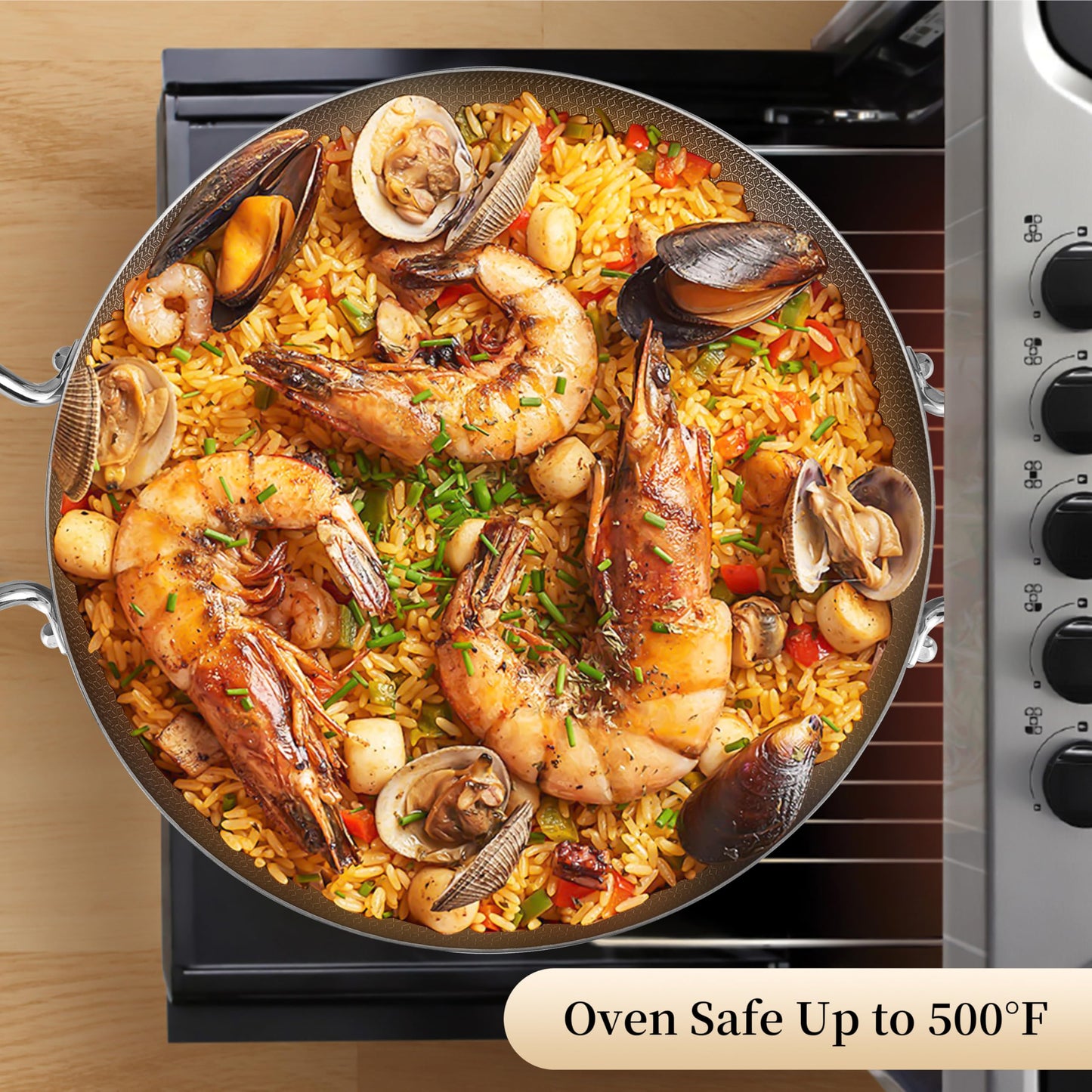 Inqibee 13-Inch Hybrid Tri-Ply Stainless Steel Paella Pan with Lid, Ceramic Non Stick Large Skillet, Induction Cooking Pan, Anti-Scratch, Dishwasher and Oven Safe