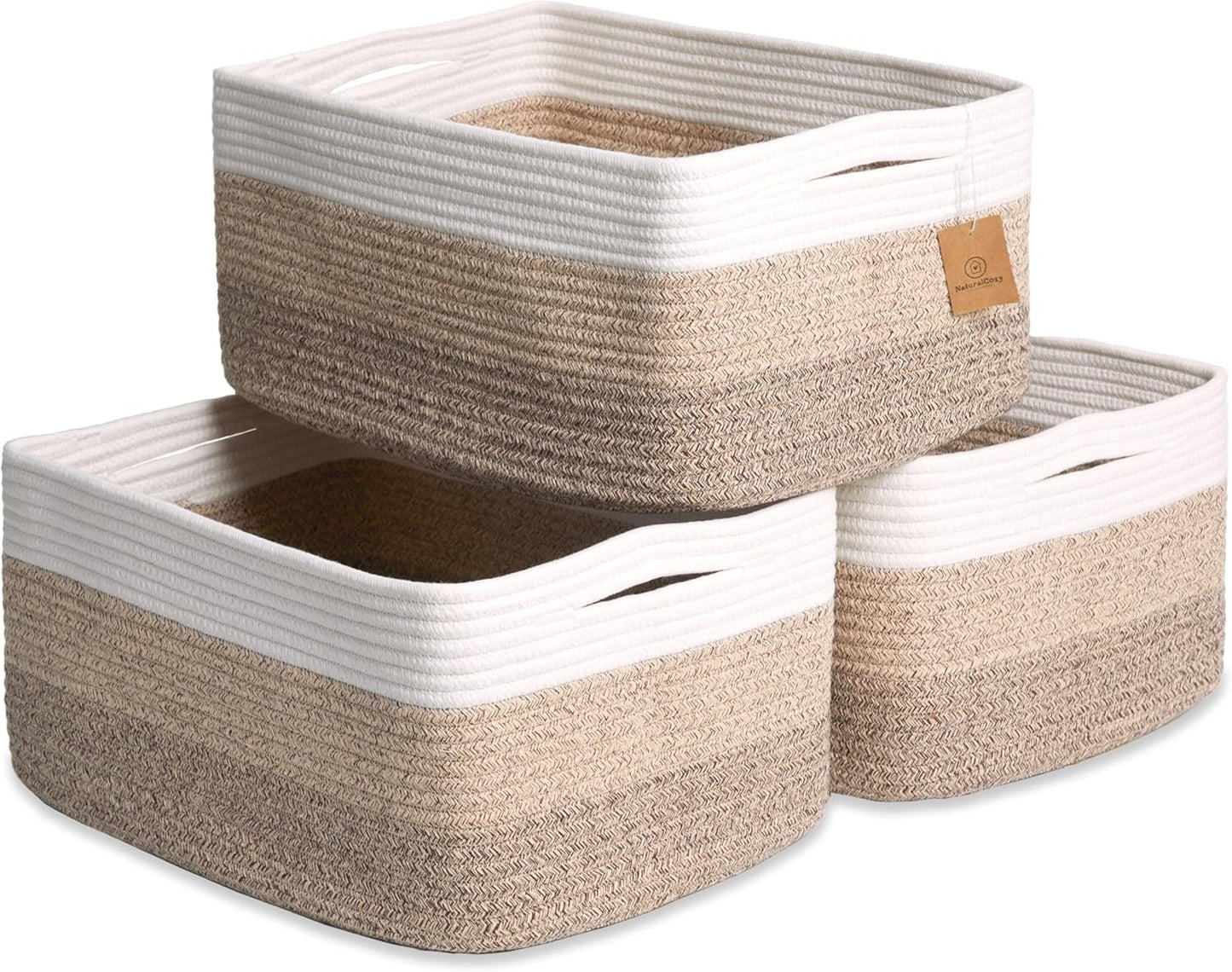 NaturalCozy Storage Baskets - 3-Pack Cotton Rope Woven Bins for Organizing | 16.8”x13”x7.6” | Ideal for Toys, Laundry, and More