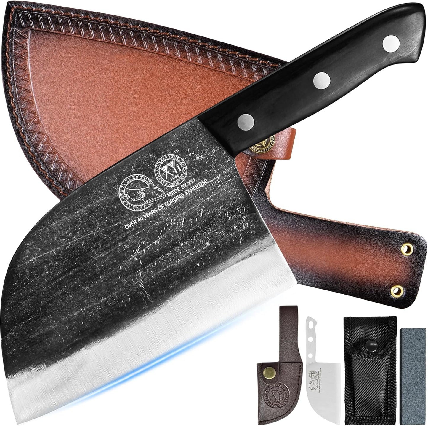 XYJ Chef Knife - Authentic Serbian Full Tang Meat Cleaver | 6.7 Inch with Leather Sheath