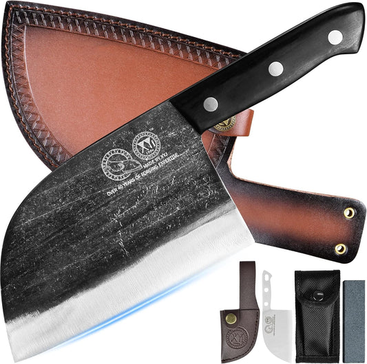 XYJ Chef Knife - Authentic Serbian Full Tang Meat Cleaver | 6.7 Inch with Leather Sheath