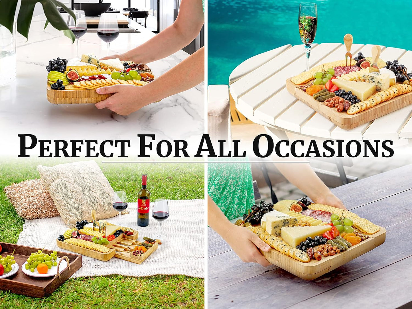 Zulay Kitchen Premium Bamboo Cheese Board Set - Extra Thick Charcuterie Board with 4 Knives | Perfect for Wine & Cheese Lovers