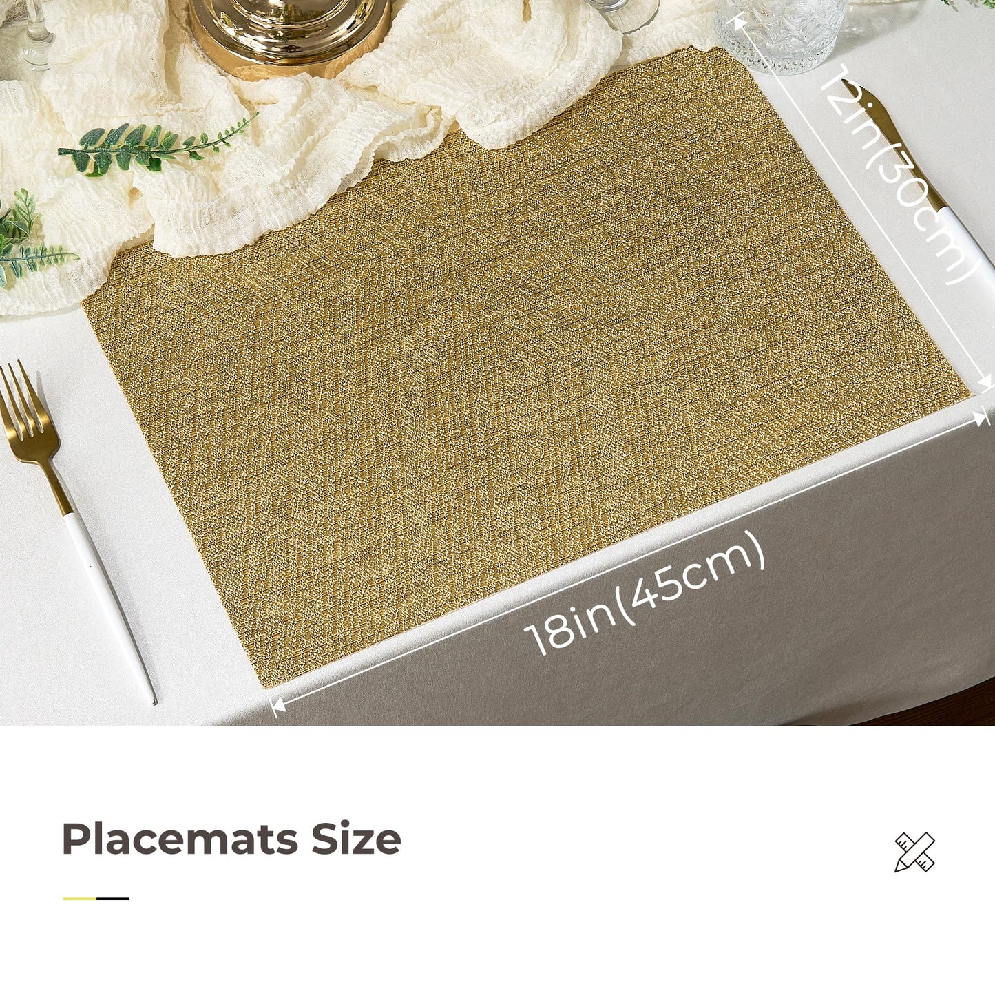 Leetaltree Gold Placemats Set of 24 - Heat Resistant Non-Slip Place mats for Dining Table, Washable Durable PVC Vinyl Woven Table Mats(Luxury Gold, 24)
