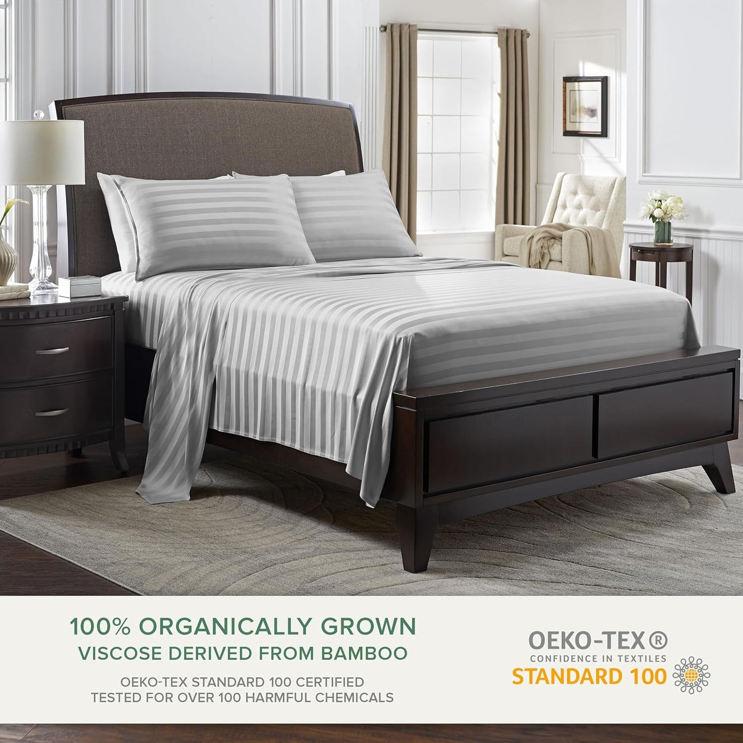 Pure Bamboo King Sheets - Luxuriously Soft 100% Organic Viscose Bed Sheet Set | Cooling Jacquard Silver, 2-Year Quality Promise