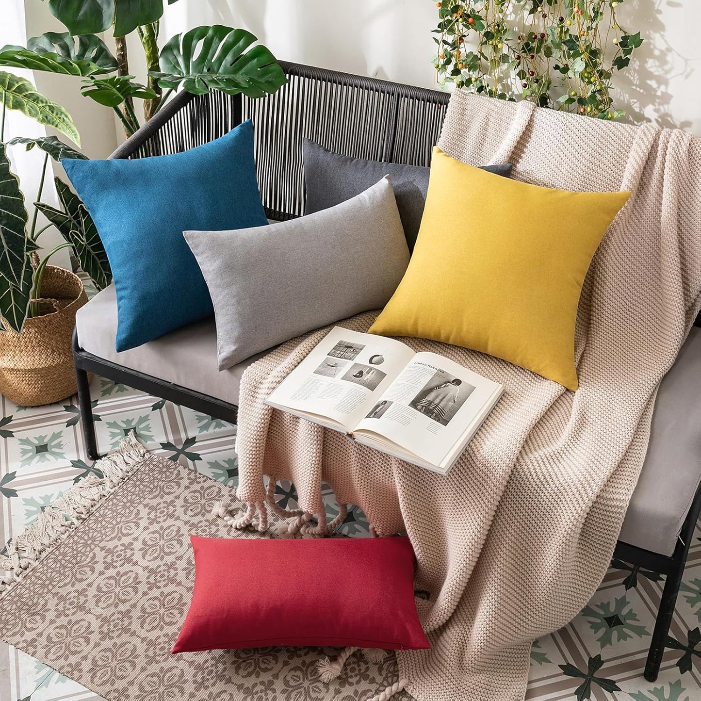 MIULEE Decorative Outdoor Throw Pillow Covers - Waterproof Faux Linen Cushion Cases | Pack of 2, 20x12 Inch, Yellow