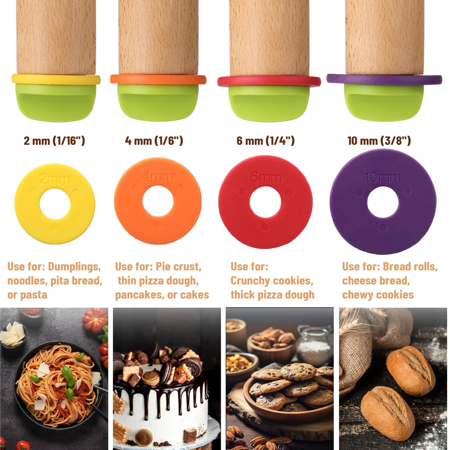 BAMBOO LAND- Adjustable Rolling Pin with Thickness Rings for Baking, 13.8", 4 Colorful Thickness Rings (2-10 mm or 1/16"-3/8"), Wood Rolling Pins for Baking, Bread, Pizza Doughs
