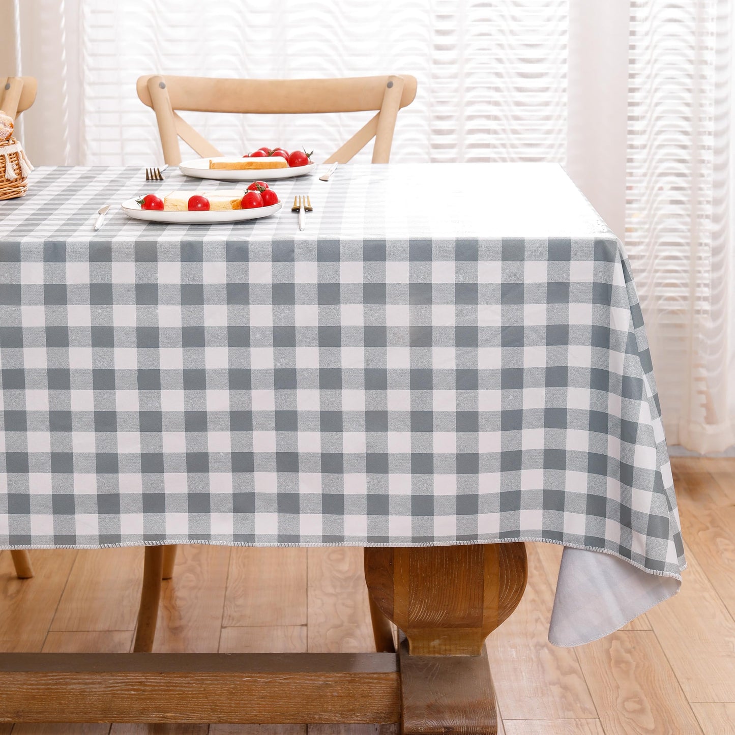 Heavy Duty Vinyl Tablecloth with Flannel Backing Waterproof Oil-Proof Plastic Table Cloth Stain-Resistant Wipeable Rectangle or Square Table Cover for Indoor and Outdoor (Grey Checkered, 54x54 Inch)
