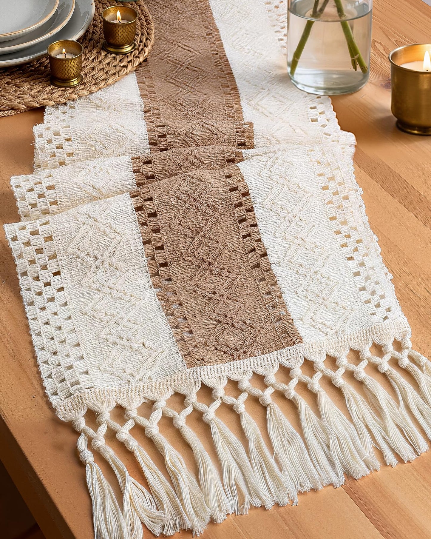 Pureegg Farmhouse Boho Table Runner - 72 Inches, Linen-Textured Woven Tassel Design for Dining Table Decor, Kitchen, Coffee Table & Living Room, 12 x 72 Inch, Brown