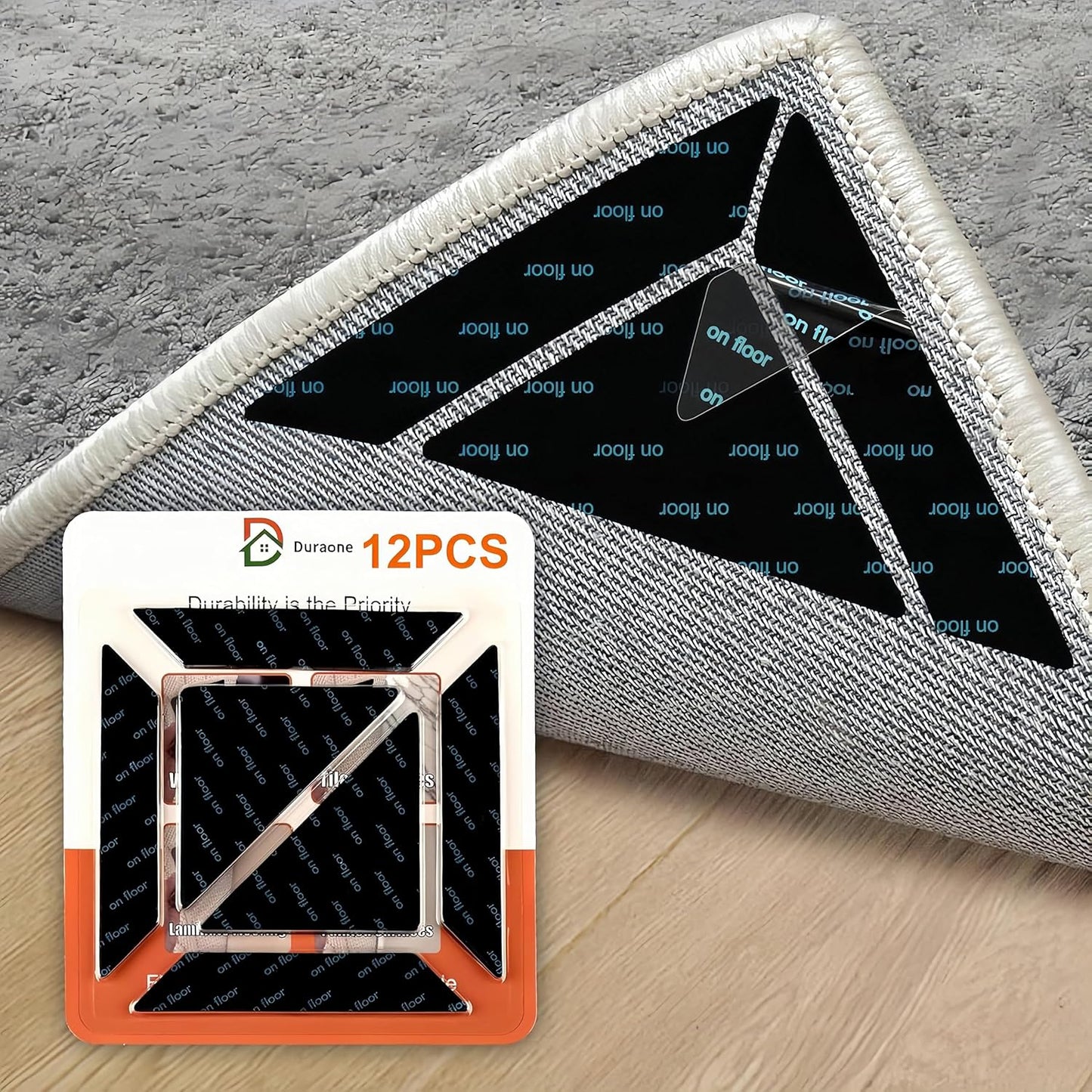 Skiennix 12 PCS Non-Slip Rug Gripper - Double-Sided Carpet Tape for Hardwood Floors | Black