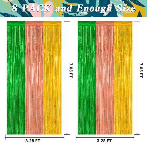 8 Pack Hawaiian Party Decorations, 3.28 FT x 7.05 FT Luau Party Decorations, Green Brown Yellow Backdrop Fringe Curtains Foil Streamer, Metallic Summer Decor Photo Booth Props