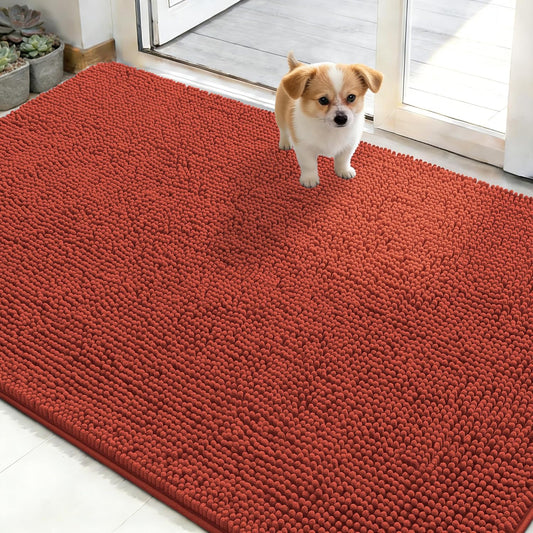 OLANLY Dog Door Mat - Absorbent Non-Slip Chenille Mat for Muddy Paws | 50x30, Maple Red