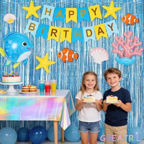 GREATRIL Blue Tinsel Curtain Backdrop - Foil Streamers for Frozen, Mermaid & Under Sea Parties - Set of 2