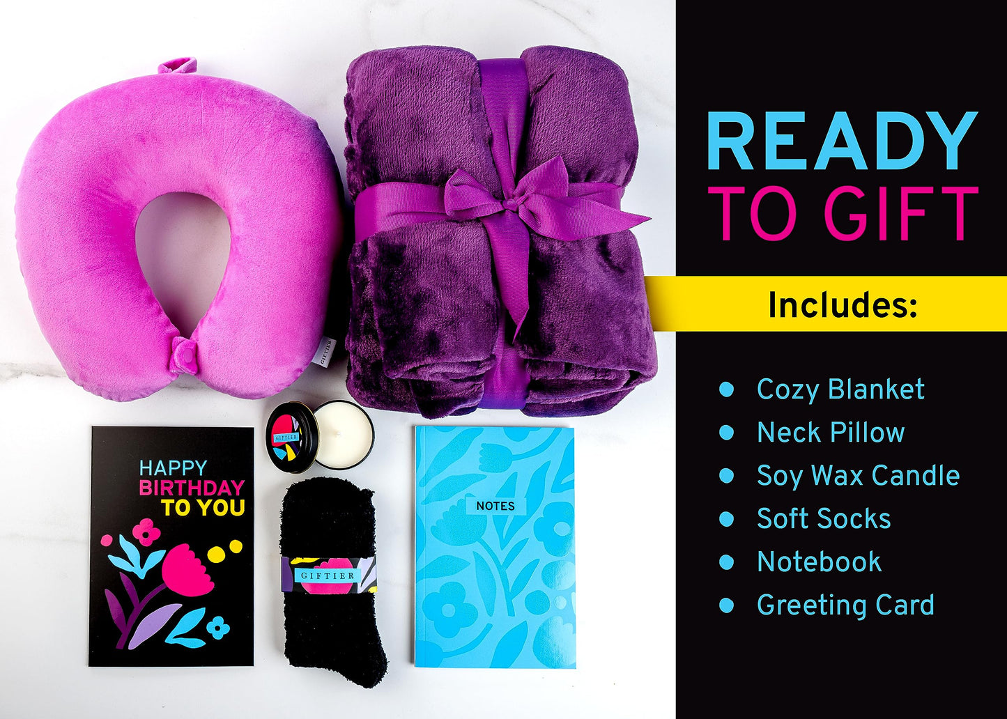 Birthday Gift Basket for Women - Happy Birthday Gift Basket For Her w/Memory Foam Pillow, Blanket, Candle, Socks, Journal, and Card - Curated Set for Women