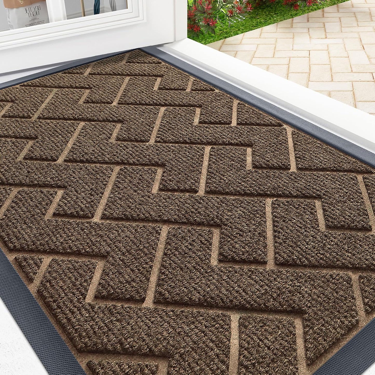 OLANLY Waterproof Front Door Mat - All-Season Indoor/Outdoor Doormat, Low Profile, Easy Clean | Herringbone Brick (Brown, 36x24)