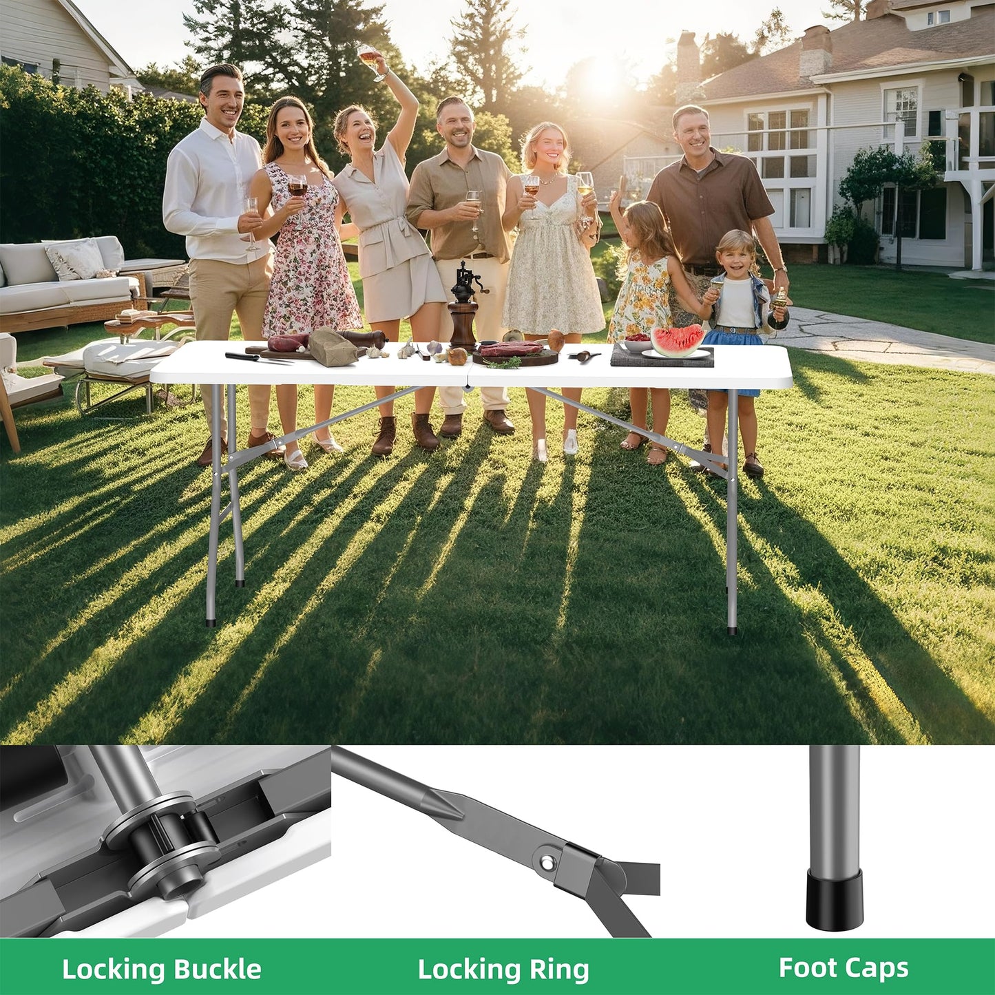 Allpop 6Ft Folding Table for Indoor Outdoor, Fold-in-Half Portable Plastic Dining Table with Carrying Handle for Picnic Party Camping, White