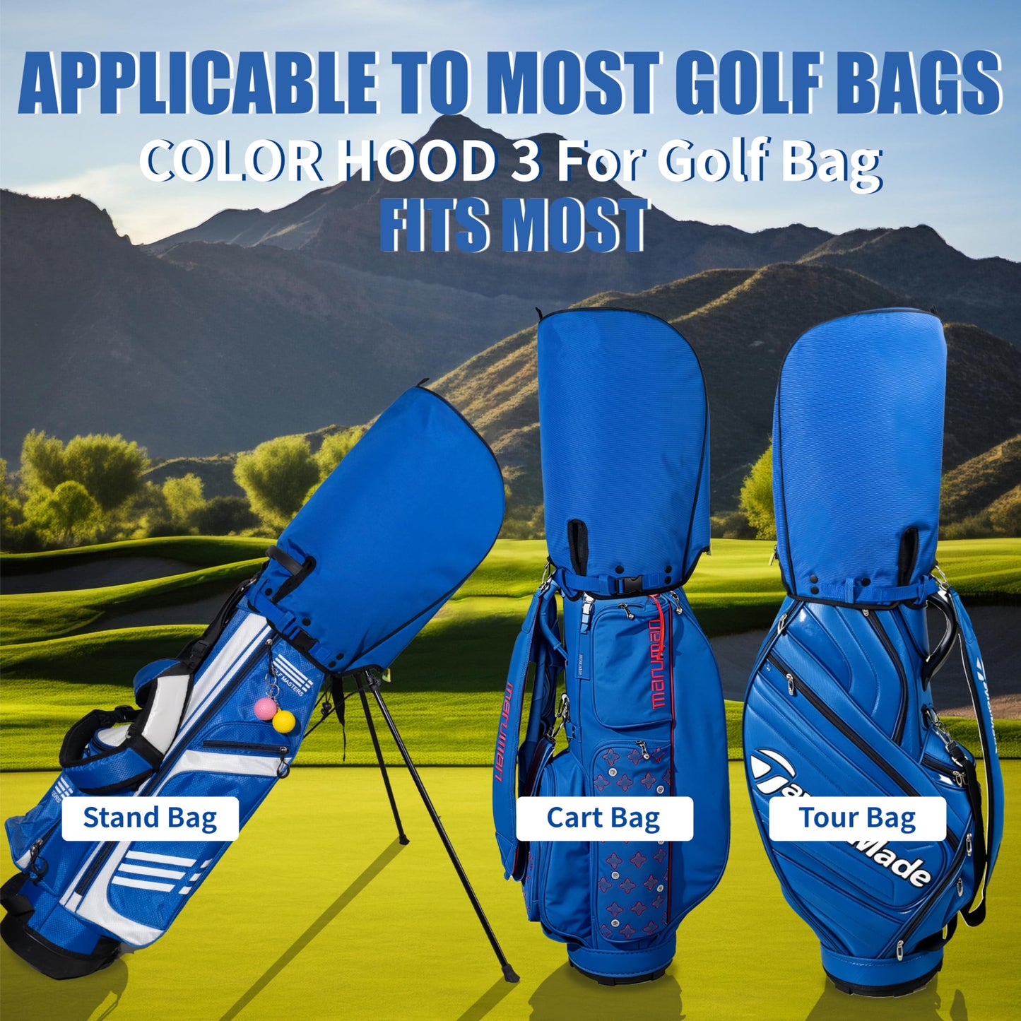 SANDIAN, Blue Color, Golf Bag Rain Hood Cover, Waterproof 1260D Oxford Polyester, 12x20 Inches, Padded Protection, PU Coated, Two Sided Zipper, Adjustable Buckle Lock Fasteners, Snap Button Locking