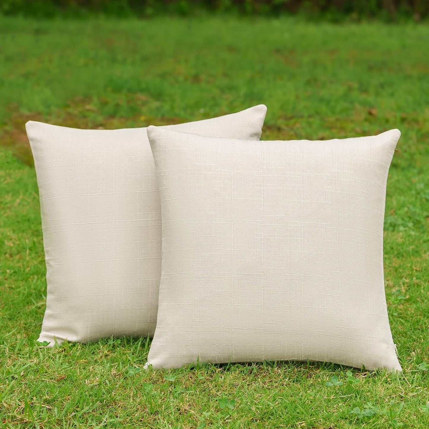 NiNi Decorative Outdoor Pillow Covers - Waterproof Linen Textured Set of 2 | 16x16 Inch Beige Garden Cushions