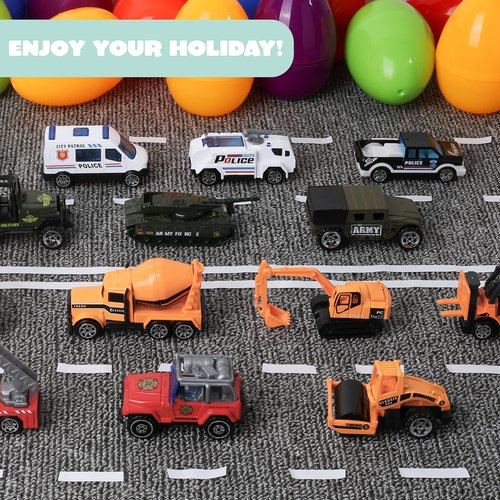 JOYIN 18 Pcs Jumbo Easter Eggs Filled with Die-cast Vehicles, City Cars and Trucks Toy Prefilled Egg for Kids Basket Stuffers, Party Favors and Easter Game