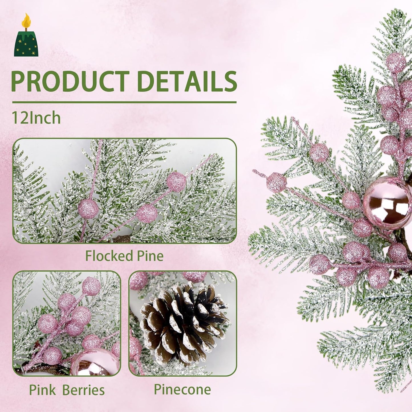 Pink Christmas Candle Rings by [Brand Name] - 8-Inch Wreaths with Pine Cones, Berries & Pine Needles for Festive Table Decor