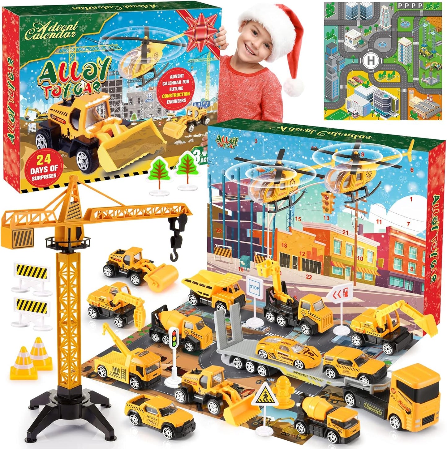 Advent Calendar - Alloy Construction Engineering Vehicle Toy Set with 2 Mats | Christmas Gifts for Boys Ages 3-8 (Yellow)