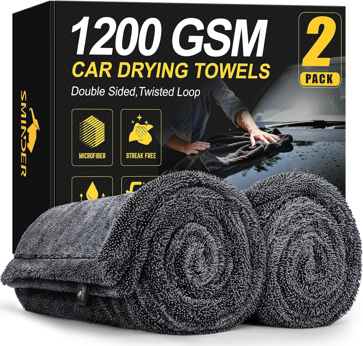 SMINDER Car Drying Towels - Ultra-Absorbent Microfiber (2-Pack, 36" x 24") | Streak-Free & Scratch-Free Design