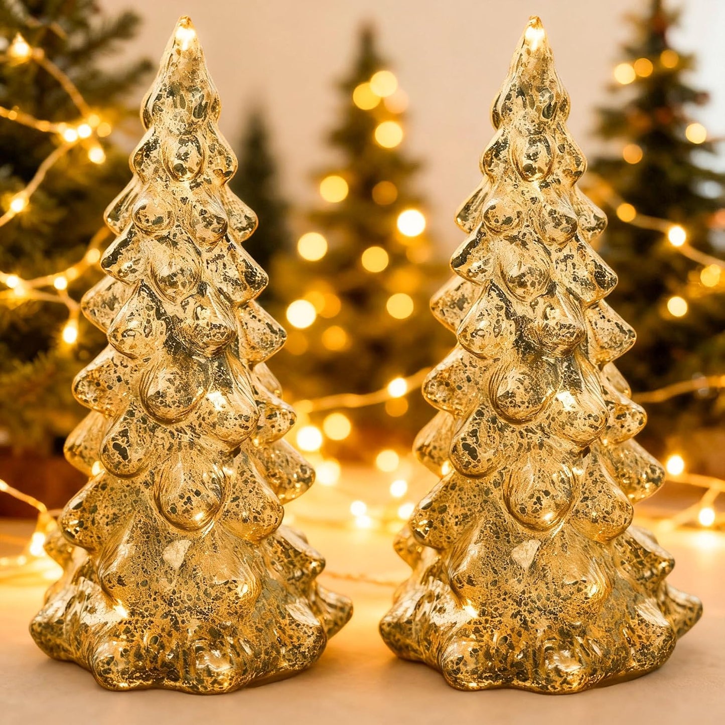Regine Switzerland Mercury Glass Christmas Tree Set - Gold Collectible Figurines with LED | Indoor Table Centerpiece Decorations