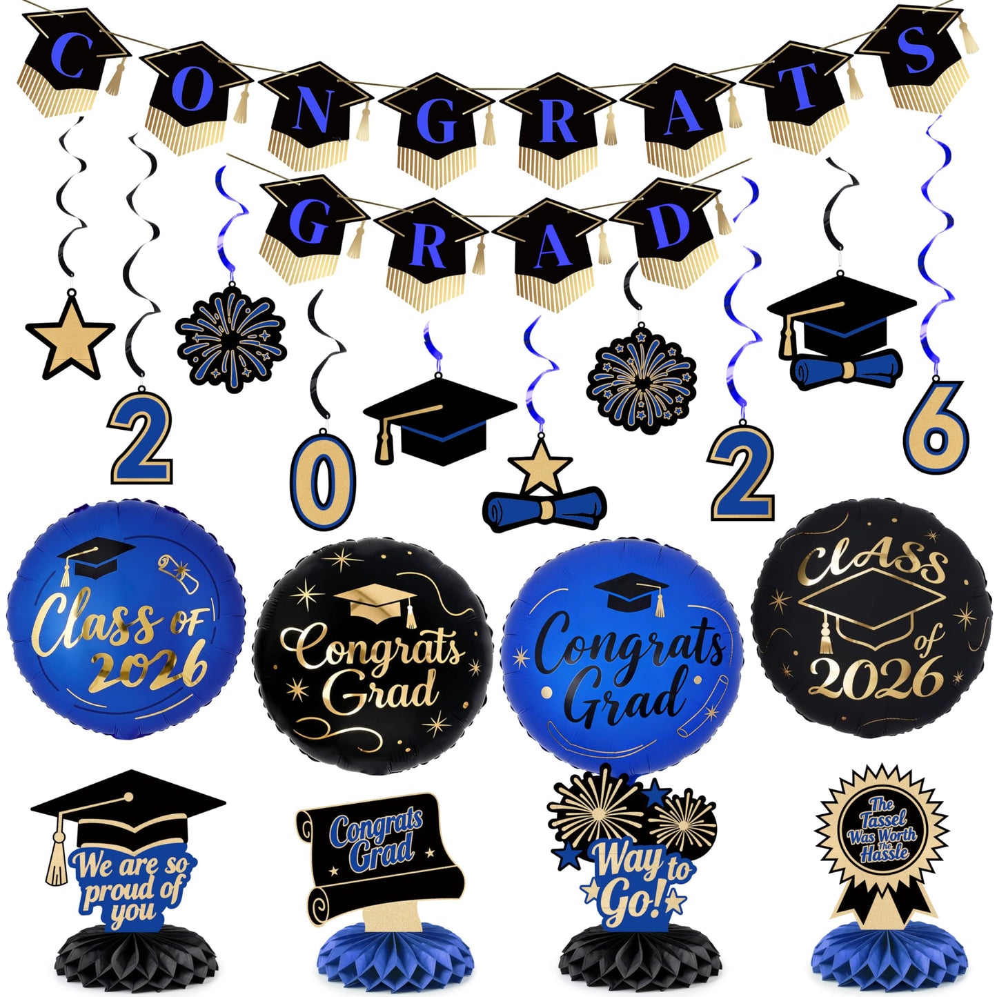 PartyWoo Graduation Decorations Class of 2026 Black Gold Blue 19pcs Grad Party Supplies with Congrats 2026 Grad Banner Hanging Swirls Foil Balloons Graduation Cap Centerpieces Party Decorations