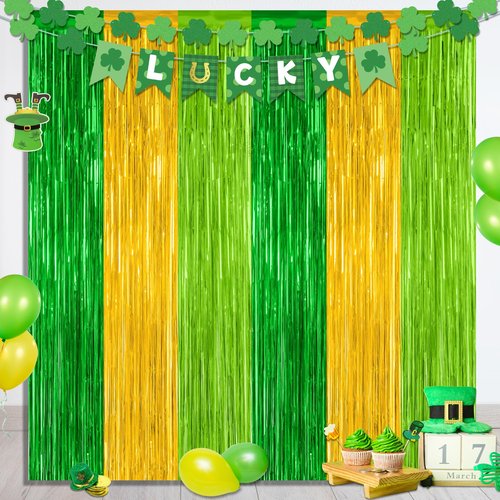 2 Pack St Patrick Party Decorations, 3.28 FT x 7.05 FT Green Gold Light Green Backdrop Curtains, Metallic St.Patrick Fringe Curtains Party Streamer Tinsel Backdrop, St Patrick Party Supplies