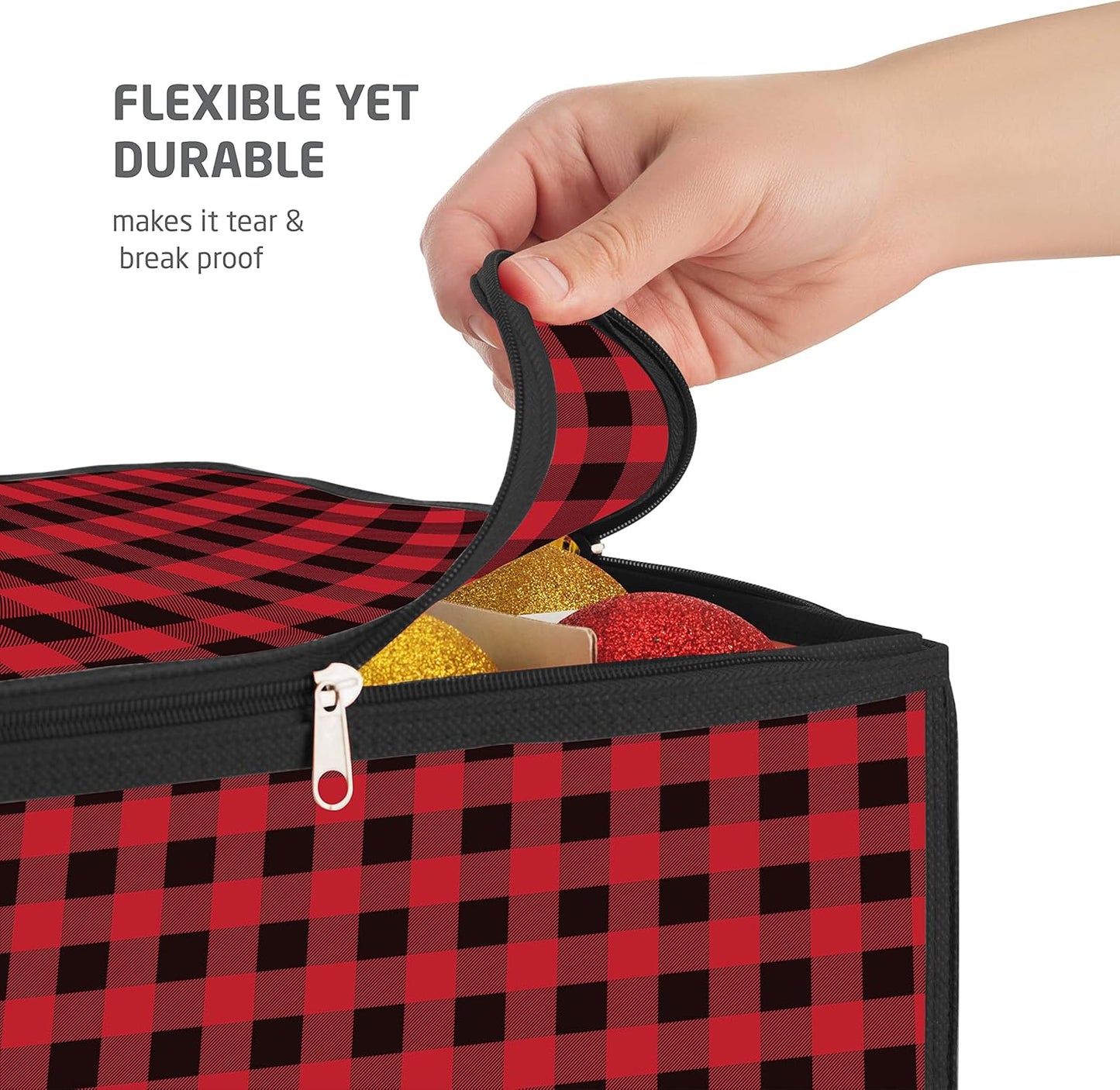 ZOBER Christmas Ornament Storage Box - Durable Plastic Organizer for 128 3" Ornaments - Plaid Design
