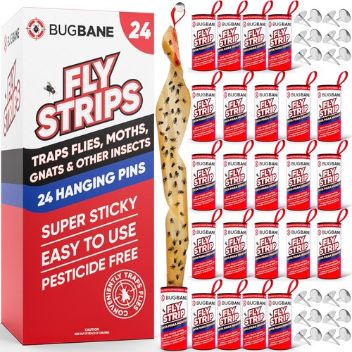 Fly Strips Indoor Sticky Fly Trap - Non-Toxic 24-Pack with Pins for Home & Outdoor Use