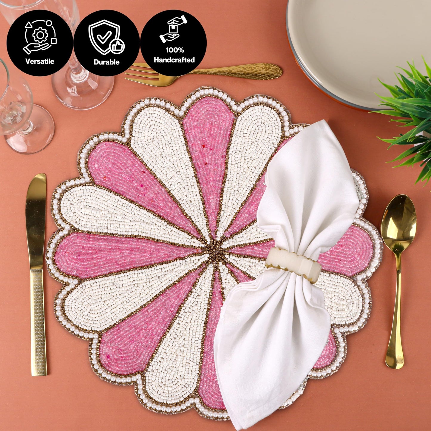 Decorative Beaded Table Mat - 13-Inch Placemat for Dining & Coffee Tables - Handcrafted Beaded Charger Plate - Elegant Place Mat for Dinner Parties & Home Décor (Pink White) - ALPHA Living HOME