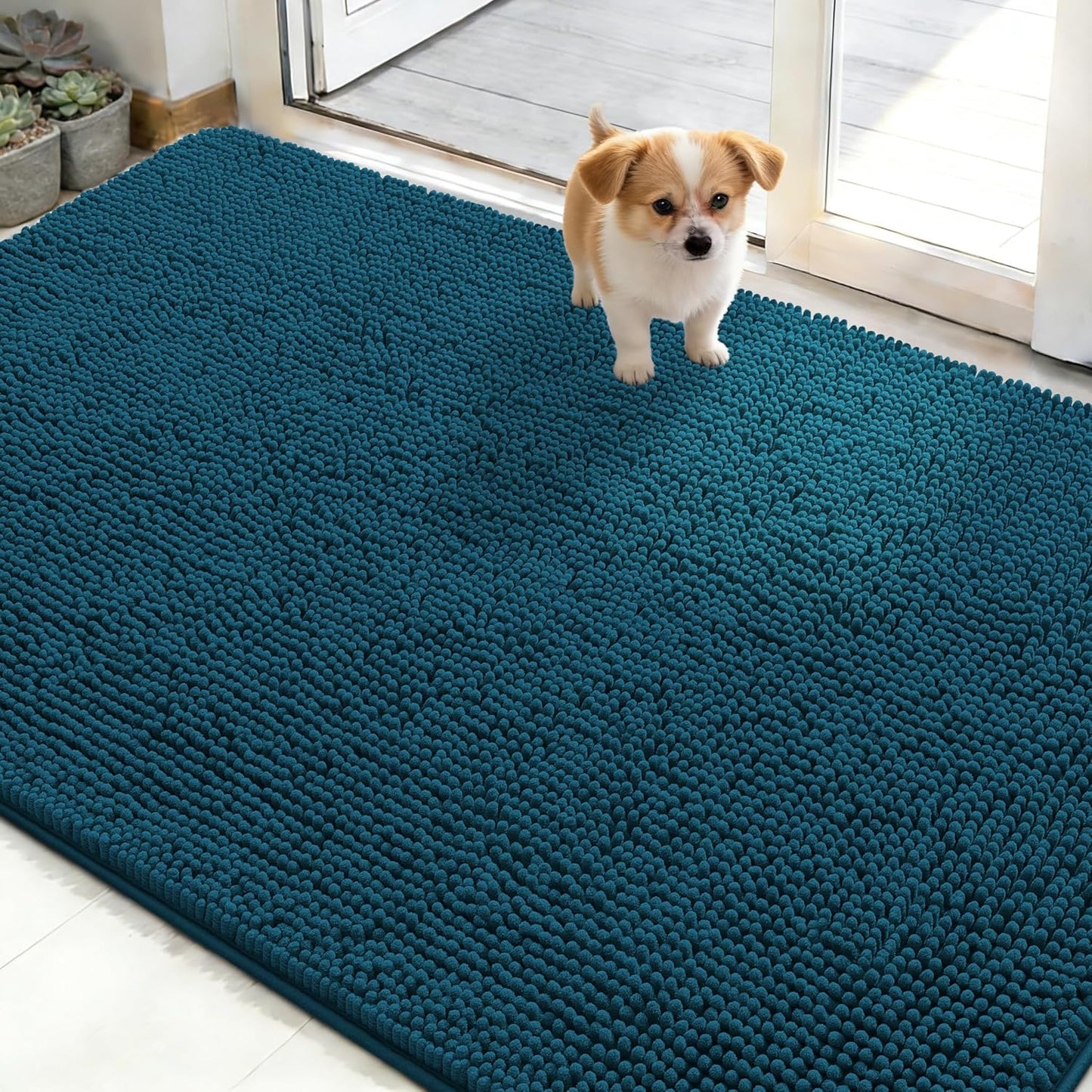 OLANLY Dog Door Mat - Absorbent Non-Slip Mud Mat for Indoor Use | Quick Dry Chenille, 50x30, Atlantic Blue