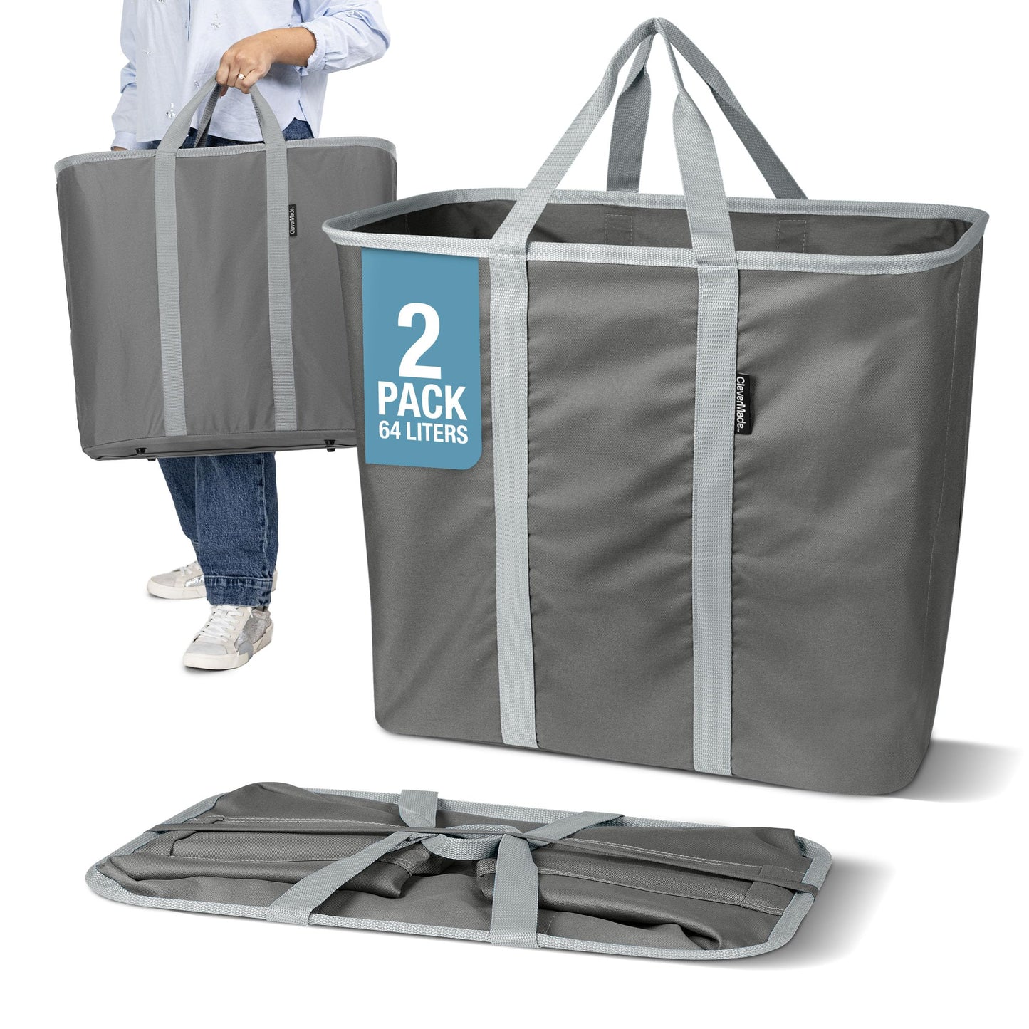 CleverMade Collapsible Laundry Caddy – Foldable Laundry Hamper & Tote, XXL 64L Pop-Up Laundry Basket with Handles, Space-Saving Laundry Organizer for Home & Travel, 2 Pack - Charcoal Gray