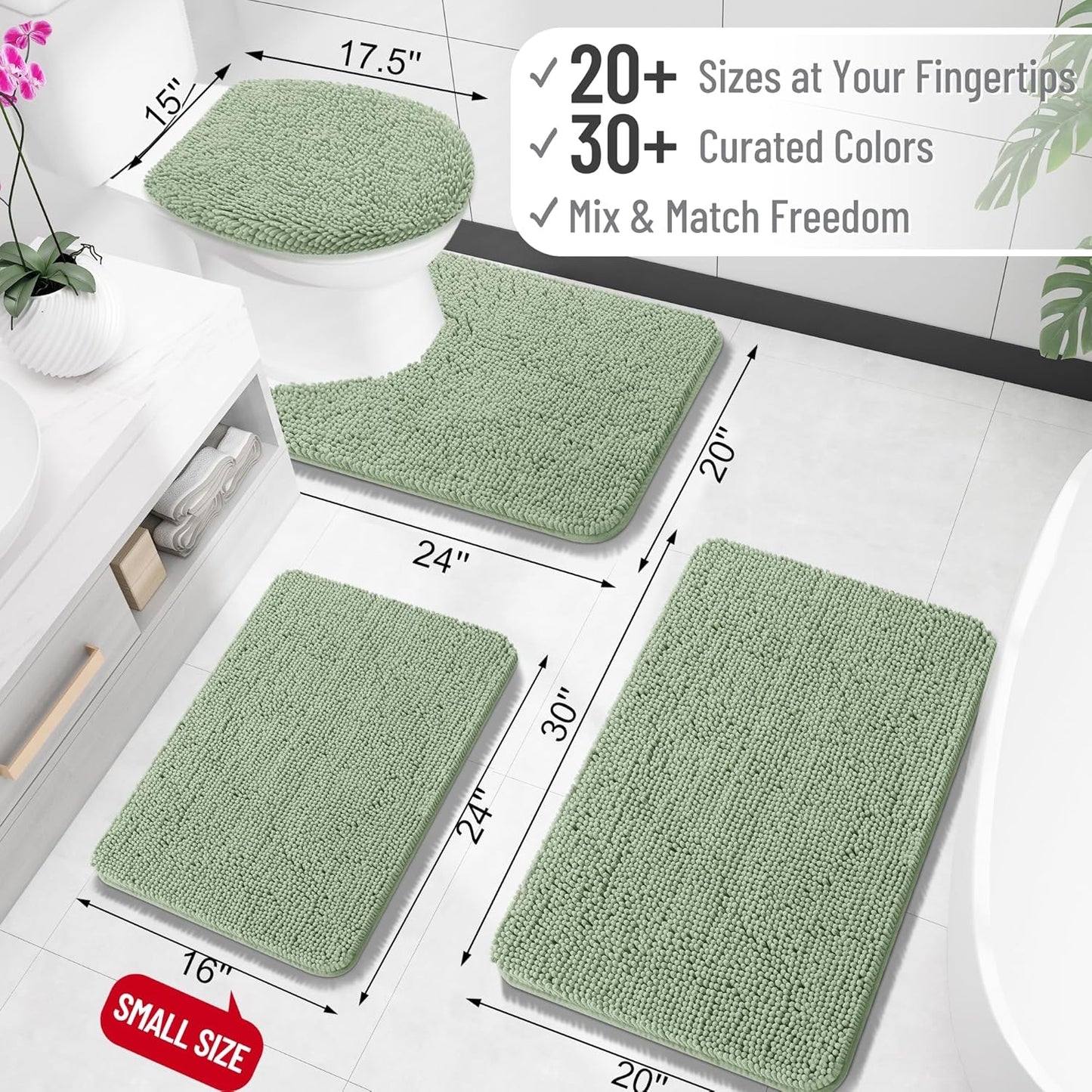 OLANLY Extra Soft Chenille Bathroom Rugs - Quick Dry & Machine Washable | 30x20 Sage Green Bath Mats