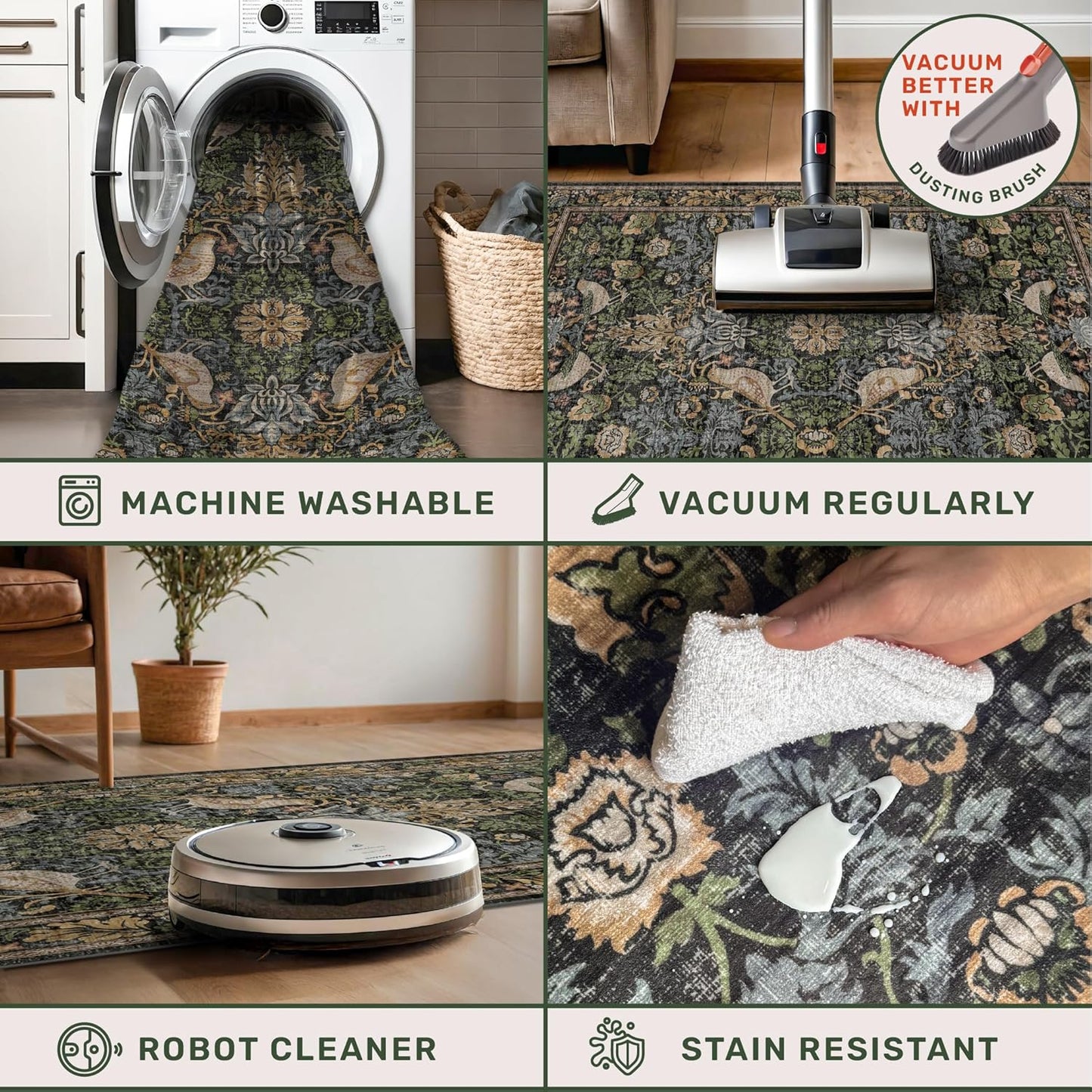 Skiennix Large Entryway Rugs - 3x5 Washable Indoor Mat with Moody Woodland Flowers | Non-Slip, Stain Resistant