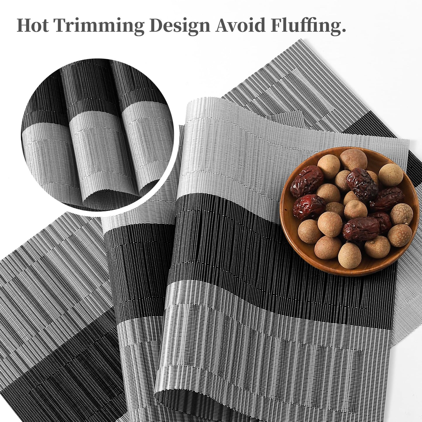 Leetaltree Grey with White Striped Placemats Set of 8 - Heat Resistant Non-Slip Place mats for Dining Table, Washable Durable PVC Vinyl Woven Table Mats（Grey Stripe, 8）
