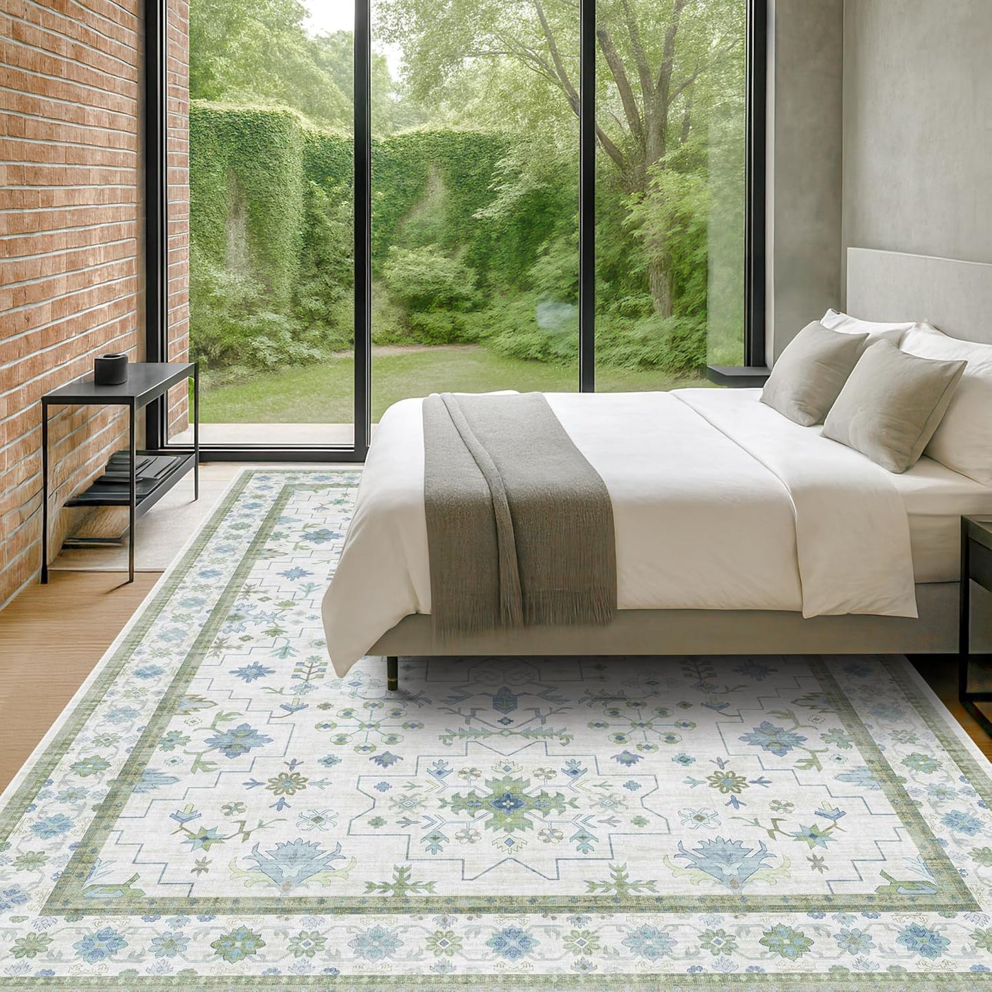 Oushak 10x14 Rug - Washable Boho Extra Large Non-Slip Soft Faux Wool Carpet | Cream, Blue & Green Floral Design