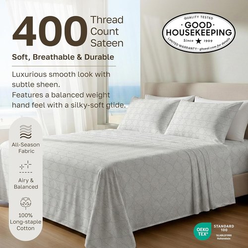 California Design Den Queen Cotton Sheet Set - 400 TC Smooth Sateen Finish, Deep Pockets | Crosshatch Taupish-Sage