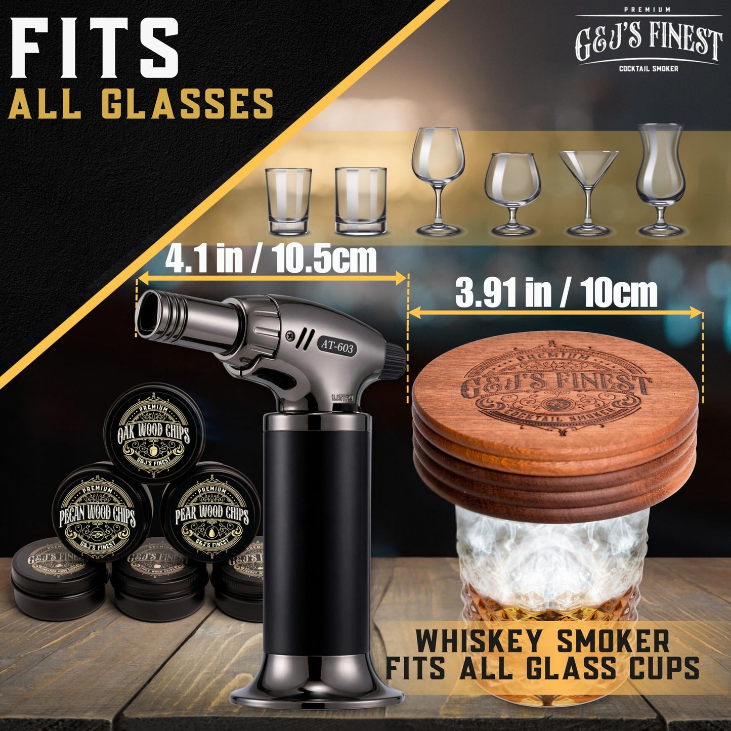 Whiskey Smoker Kit with Torch, 2 Glasses & 2 Ice Molds - 6 Wood Chips| Cocktail Smoker Kit for Smoked Drinks| Bourbon Smoker Kit| Old Fashioned Smoker Kit| Whiskey Gift for Men (No Butane Incl.)