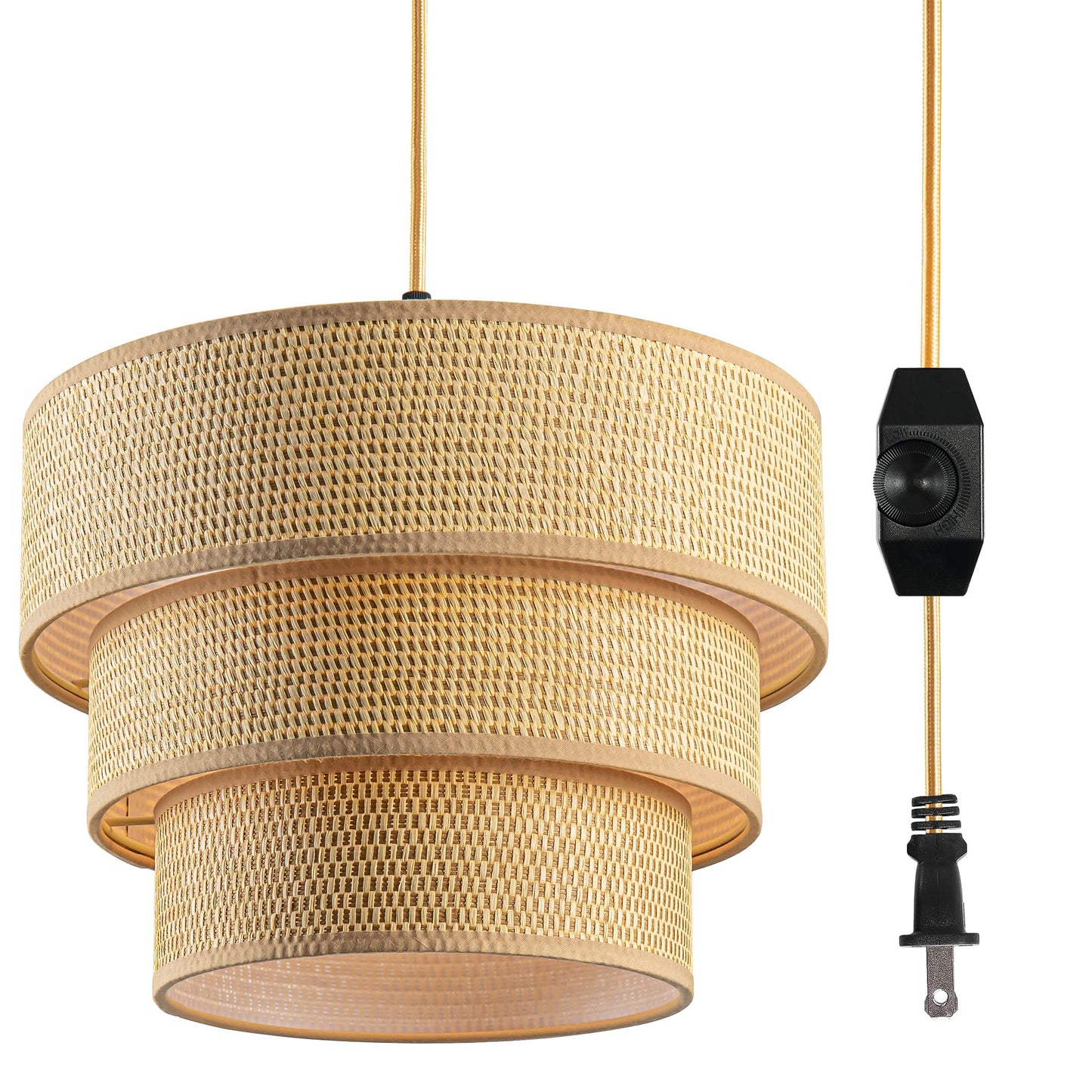 Mateyrie Plug in Pendant Light, Hanging Lamp with Dimmable Switch, Rattan Pendant Light Fixtures with 15 Ft Cord, Boho Lamp with Yellow Lamp Shade for Bedroom, Kitchen, Living Room