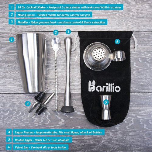 Barillio Mixology Bartender Kit - 8 pcs Stainless Steel Travel Cocktail Shaker Set with Bag - Bar Tools Set with Martini Shaker, Drink Mixer Spoon & Mojito Muddler for Cocktails, Pourers & Jigger