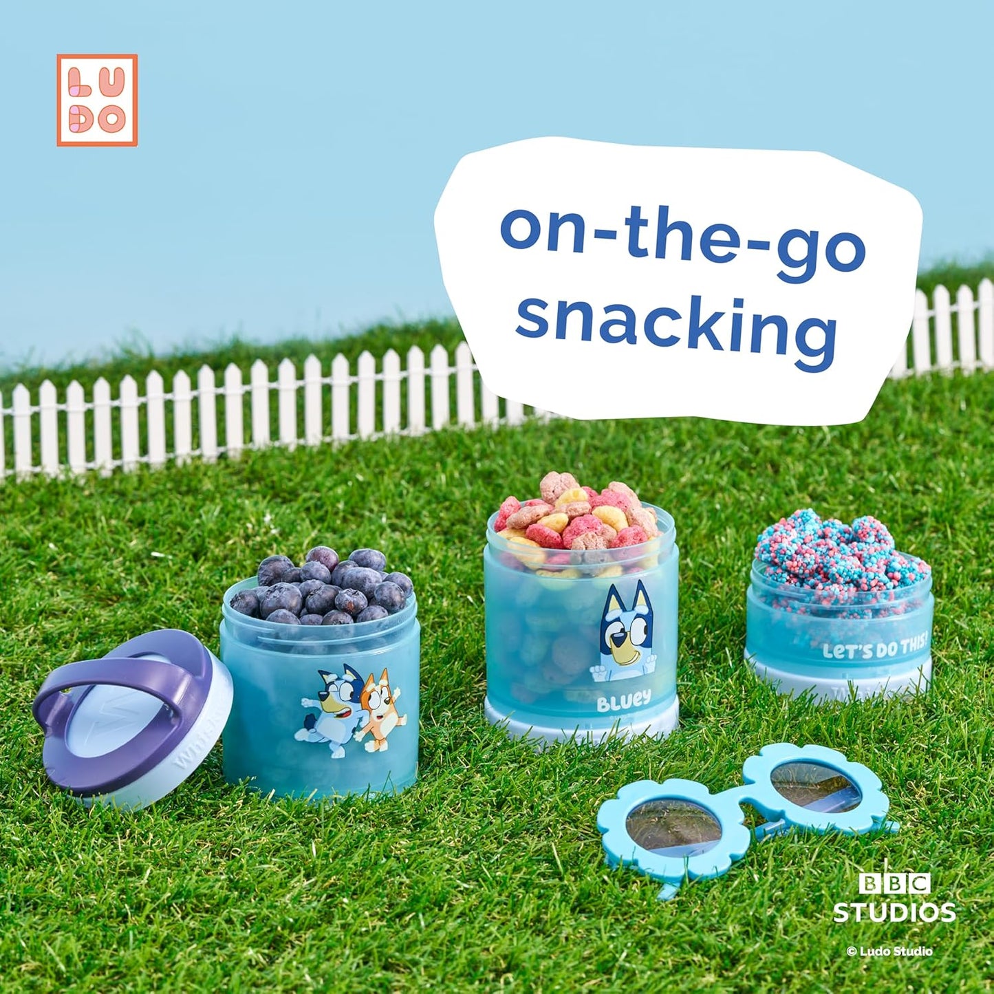 Whiskware Stackable Snack Containers - 3 Cup Set for Kids | Travel-Friendly, Cupholder Compatible, Bluey Design