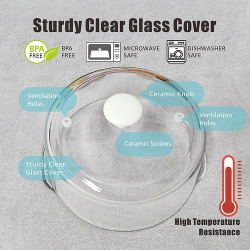 FANQIEW Glass Microwave Splatter Cover for Food Tall Microwave Cover with White Ceramic Knob 100% Food Safe 10 In Plate Splatter Guard Lid with Vent Hole BPA Free Dishwasher Safe