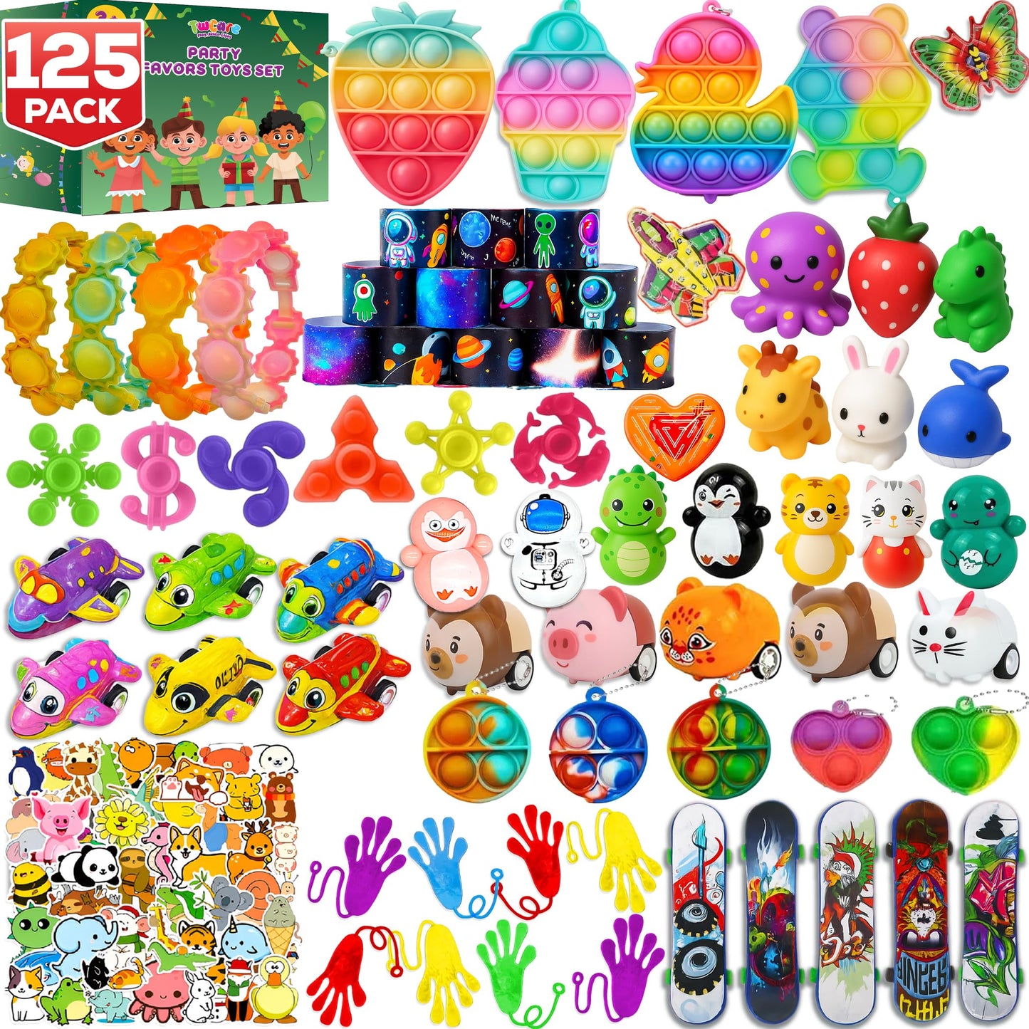 125 Pcs Party Favors Fidget Toys Pack, Randomly Selected Pop Sensory Set 65 Stickers Gifts for Kids Adults Boy Girl Stocking Stuffers Autistic Goodie Bag Filler Treasure Box Classroom Prizes School