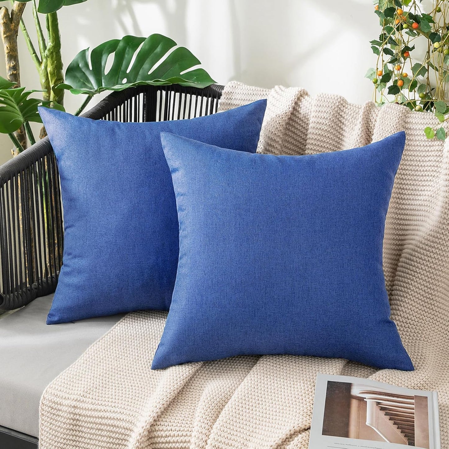 MIULEE Outdoor Waterproof Throw Pillow Covers - Pack of 2 Faux Linen Cushion Cases | 16x16 Inch Royal Blue