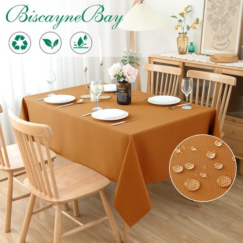 Biscaynebay Fall Tablecloth Textured Fabric 60x108 Inch Rectangular, Bronze Thanksgiving Autumn Harvest Water Resistant Fabric Tablecloths for Kitchen, Dining, Wedding, Parties Machine Washable
