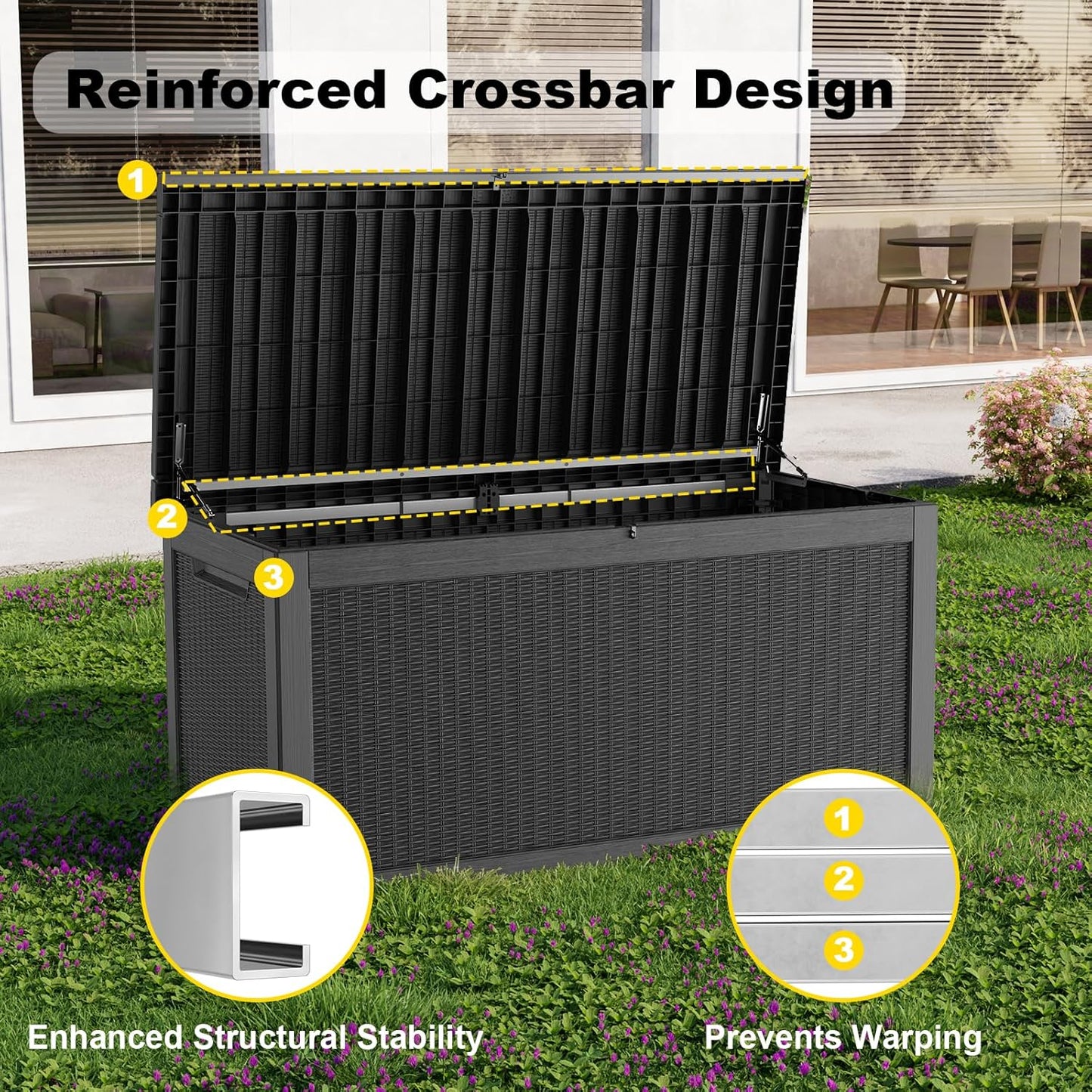 Skiennix 320 Gallon Outdoor Deck Box - Lockable Waterproof Storage for Garden Tools & Cushions | Black