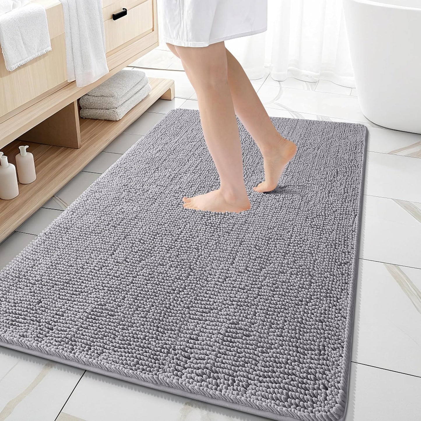OLANLY Large Bathroom Rugs - Extra Soft Chenille Bath Mats | Quick Dry, Machine Washable, Grey 59x35